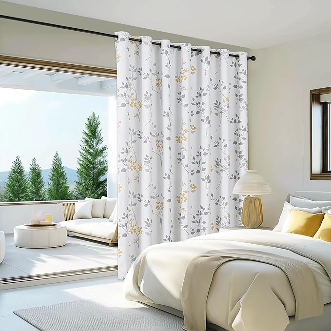 Beauoop Floral 100% Blackout Curtains 84 Inch Length 1 Panel for Patio Sliding Door Extra Wide Yellow Grey Flower Patterned Divider Room Darkening Thermal Soundproof Grommet Window Drapes, 100x84x1