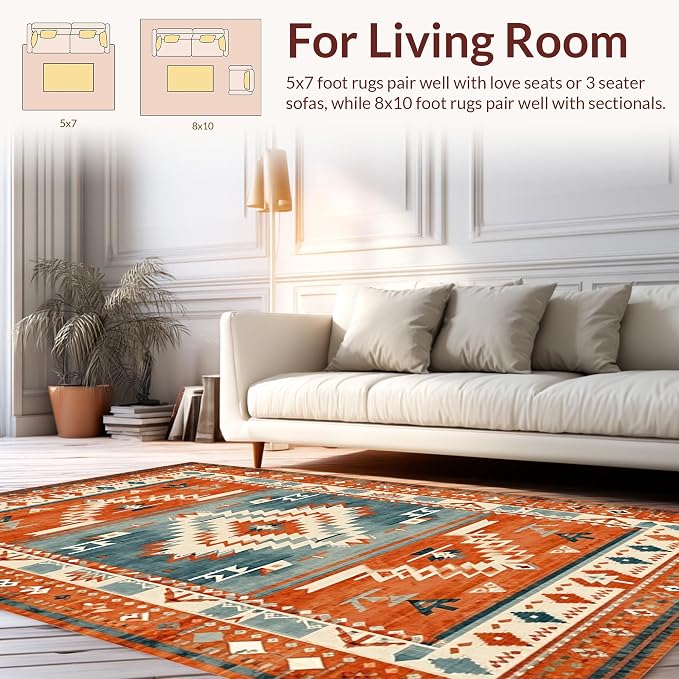Flatwoven High Traffic Area Rug 5x7, Stylish Southwestern with Warm Hues and Unique Textures, Non Slip, Stain Resistant, Washable Area Rugs for Living Room, Bedroom (Red, 5x7)