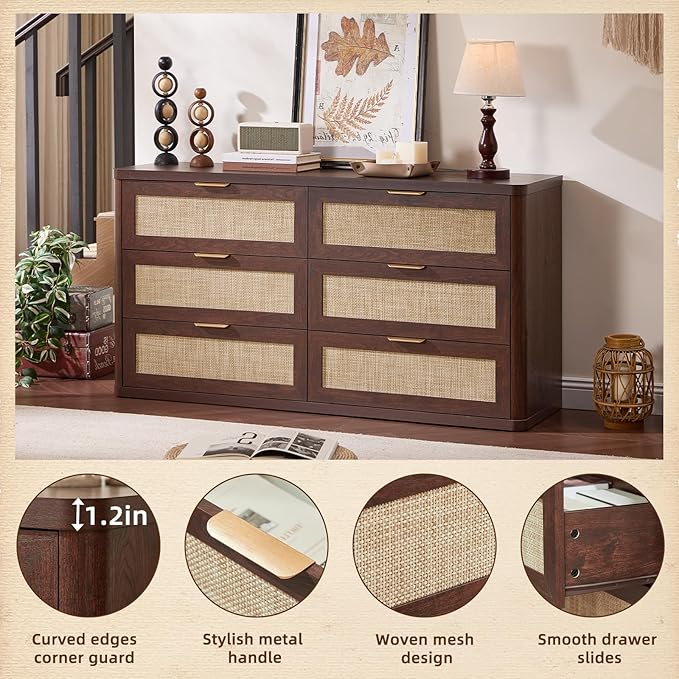 LEYAOYAO Rattan 6 Drawer Dresser for Bedroom, 54" Wide Boho Chest of Drawers, Wooden Dressers TV Stand with Metal Handle, Storage Closet Organizer for Living Room, Hallway, Walnut