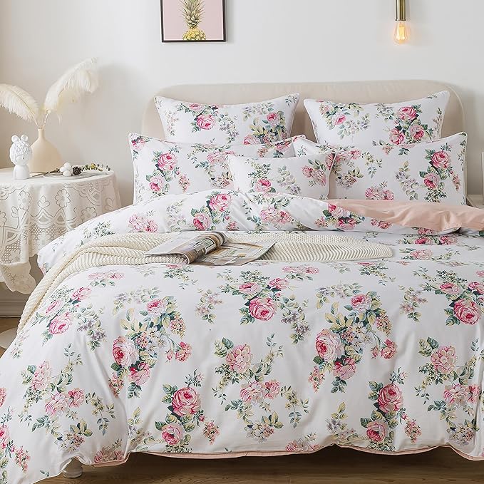 FADFAY Duvet Cover Set Twin Pink Rose Floral Bedding Shabby Peony Flower Quilt Cover Set Vintage Farmhouse Bedding 100% Cotton Soft Comforter Cover Set with Hidden Zipper Closure 3Pcs, Twin Size