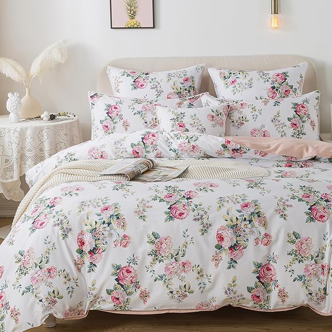FADFAY Duvet Cover Set Full Pink Rose Floral Bedding Shabby Peony Flower Quilt Cover Set Vintage Farmhouse Bedding 100% Cotton Soft Comforter Cover Set with Hidden Zipper Closure 3Pcs, Full Size
