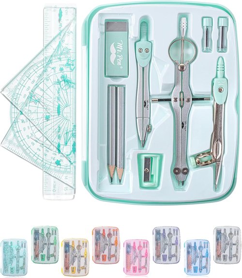 Mr. Pen Geometry Set - 13-Piece Kit with Metal Compasses, Protractor, Ruler & More for Math & Drafting