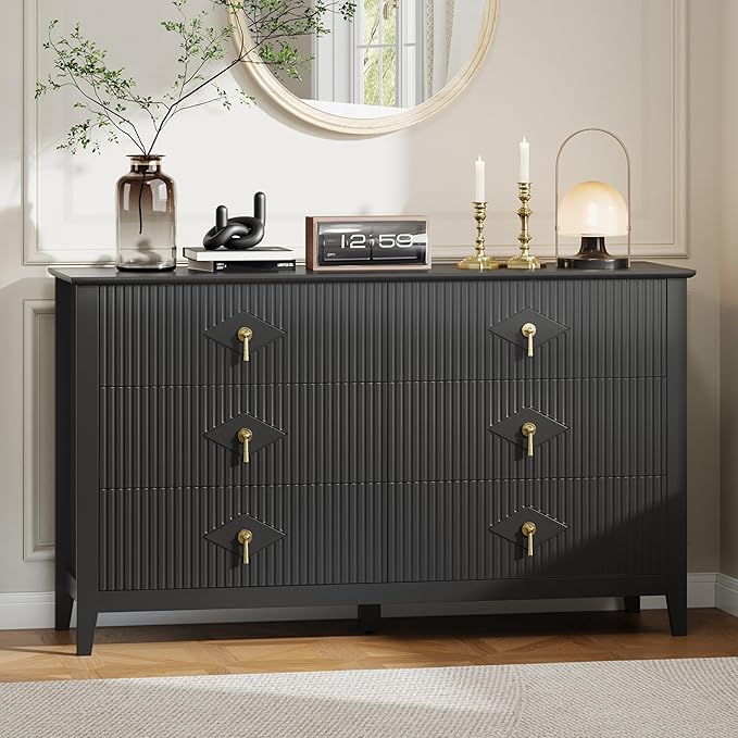GarveeHome Fluted Dresser for Bedroom, 54 Inch Wide 6-Drawer Wood Dresser, Modern Chest of Drawers, Storage Organizer Cabinet for Living Room, Hallway, Entryway, Black