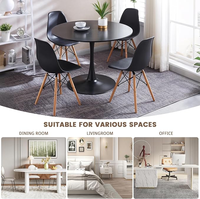 5-Piece Round Dining Table Set,42" Mid-Century Modern Kitchen Table with 4 Chairs,Tulip Pedestal Table & Solid Wood Legs,Space Saving Compact Furniture for Small Spaces Apartment Home,Black
