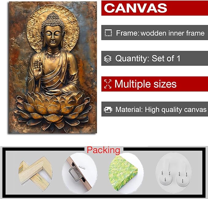 Buddha Wall Art Golden Buddha in Lotus Seat Serene spiritual statue radiant aura Meditation and mindfulness wall art suitable for sacred spaces 20x30in Wood Framed