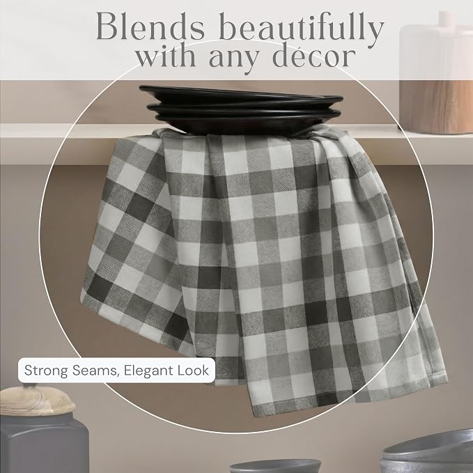 Checked Kitchen Towels 4 Pack, 18x26 Inches, Absorbent Dish Cloths, Reusable and Washable Tea Towels for Drying and Cleaning, Quick Dry Wash Rags - Light & Grey, Natural