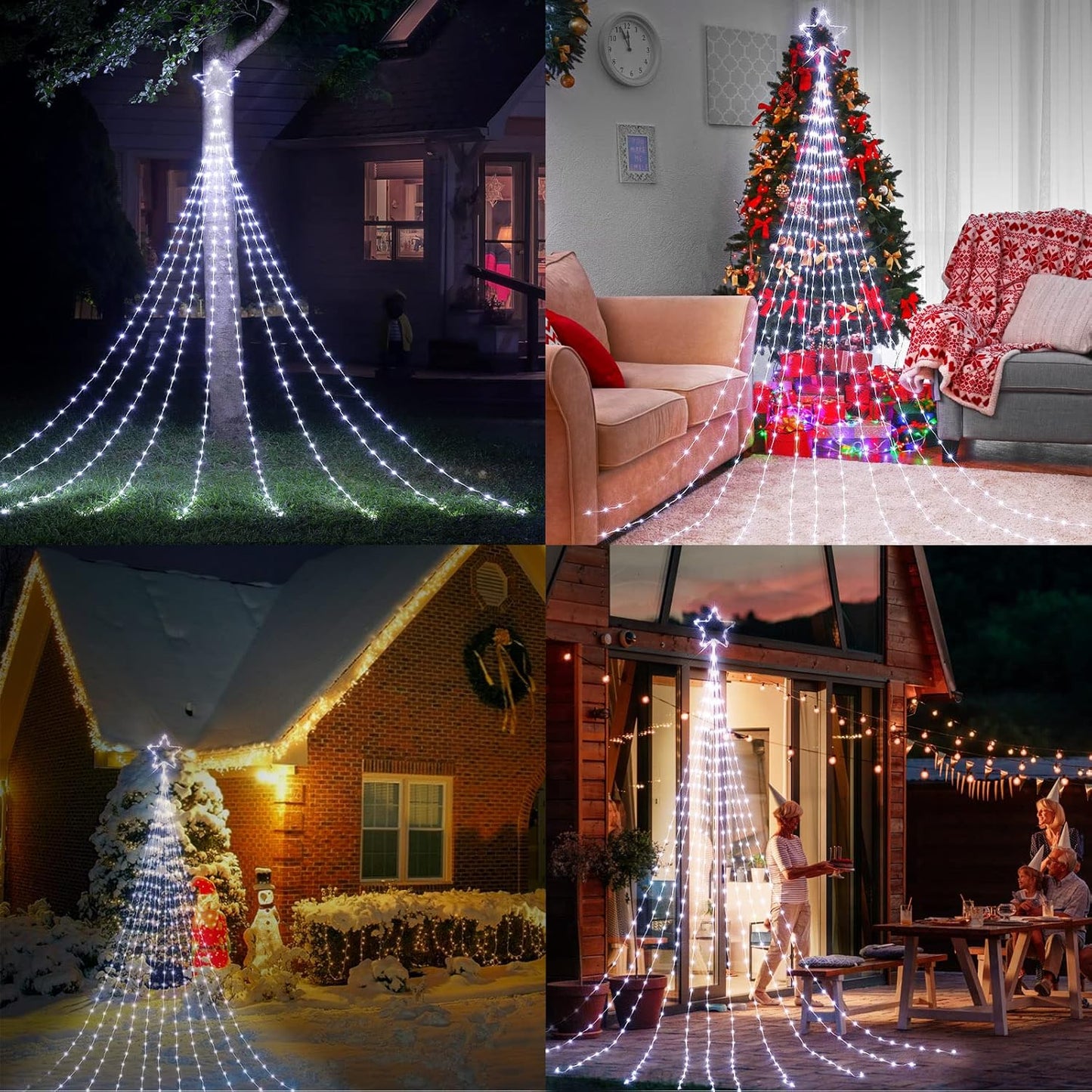 Skiennix Christmas Star String Lights - 344 LED Waterfall Tree Lights with Iron Topper | Pure White Indoor/Outdoor Decor