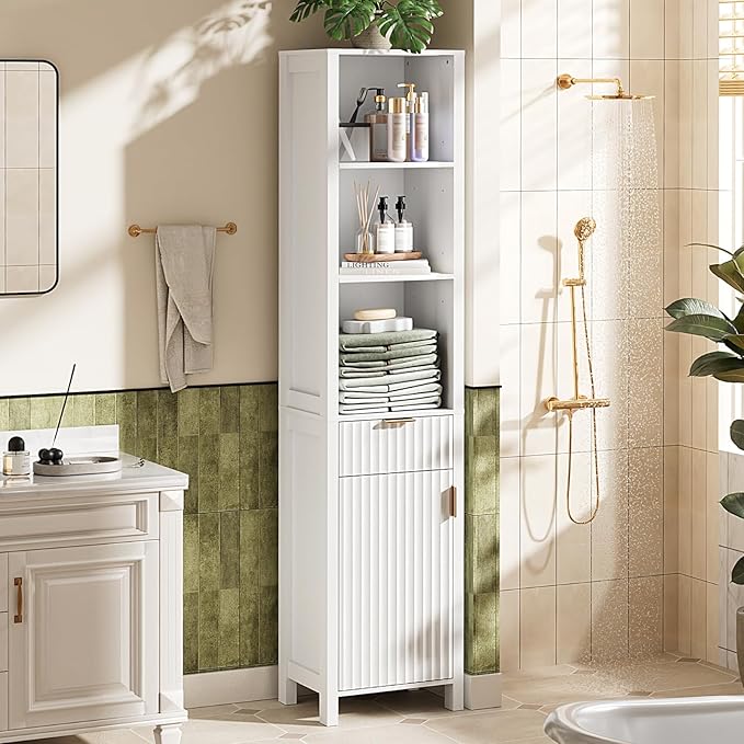 VINGLI 68" Tall Narrow Bathroom Storage Cabinet, Slim Freestanding Floor Cabinet with Fluted Door & Drawer, 12 Inch Deep Skinny Wood Organizer for Small Spaces, Kitchen & Living Room, White