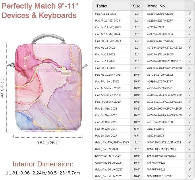 MoKo 9-11 Inch Tablet Sleeve Bag Handle Carrying Case with Shoulder Strap Fits 11inch iPadAir M3, iPad A16 2025, Pro 11", iPad 10/9/8/7th Gen, Tab S8/S9 11", Cloudy Pink