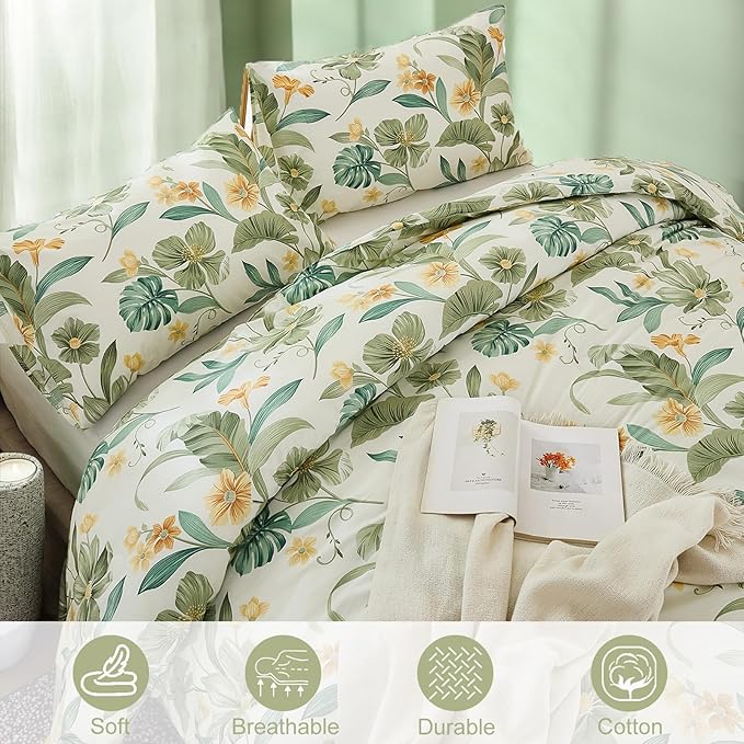 Bedding_Dreamer Green Floral Comforter Set Queen 100% Cotton Comforter Garden Style Bedding Flower Leaf Botanical Bed Chic Boho Home Decor