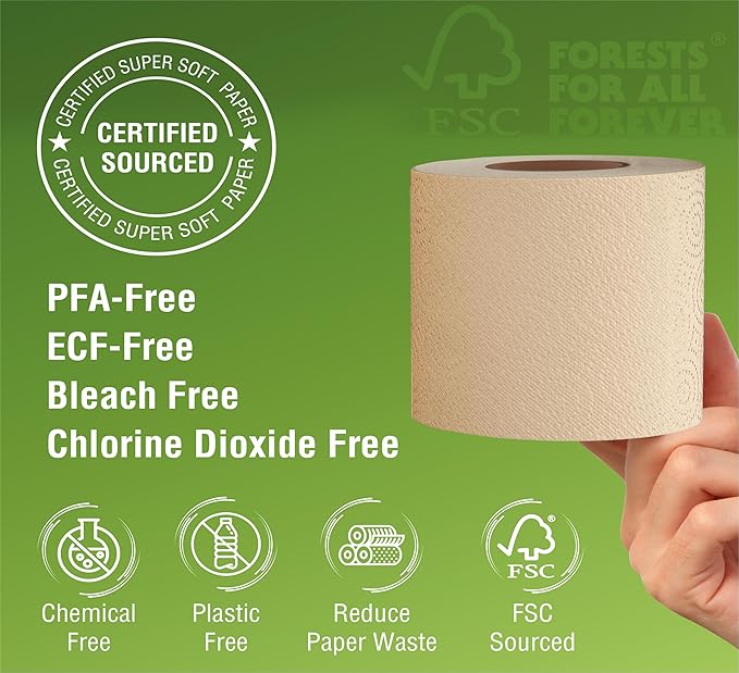 Eco Toilet Paper, 12 Rolls, 3-Ply, 300 Sheets, 100% Unbleached Bamboo, Chemical-Free, PFAS-Free, Vegan, Plastic-Free, Plant-Based Tissue, FSC Certified, Gentle, Strong & Sustainable (12)
