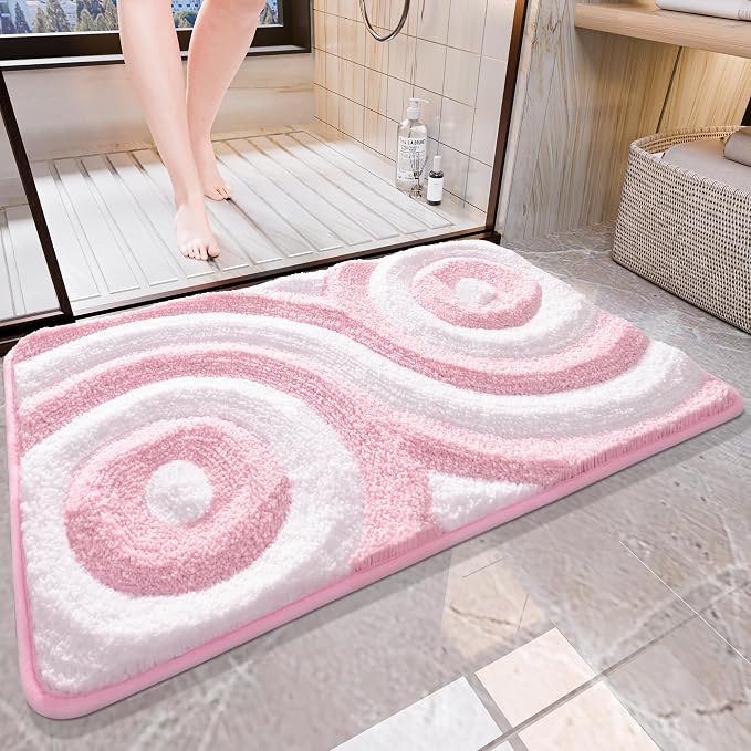 QJHOMO Pink and White Cute Bathroom Rugs Non Slip Bath Mat Modern Aesthetic Bathroom Decor, Geometric Striped Bath Rug Fluffy Floor Mats, Thick Microfiber Carpet Machine Washable (18x26 inch)
