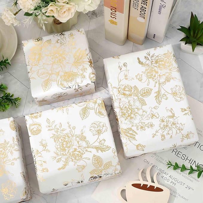 JarThenaAMCS Gold Foil Floral Wrapping Paper - Mini Roll - 17 Inch x 32.8 Ft Vintage Flower Gift Wrap Paper Decorative Art Paper for DIY Crafts Supplies