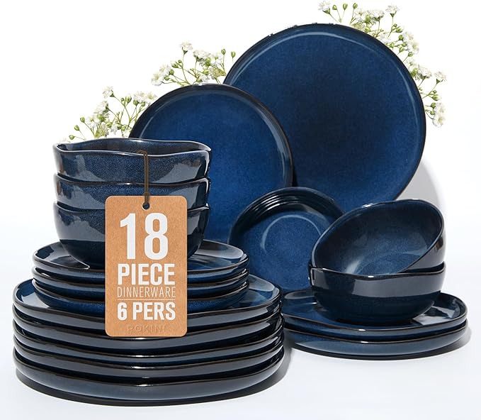 Pokini 18 Piece Stoneware Dish Set for 6, Reactive Glaze Ceramic Plates and Bowls Set | Coastal‑Inspired Irregular Design for Casual Entertaining & Intimate Dinners | Dishwasher & Microwave Safe