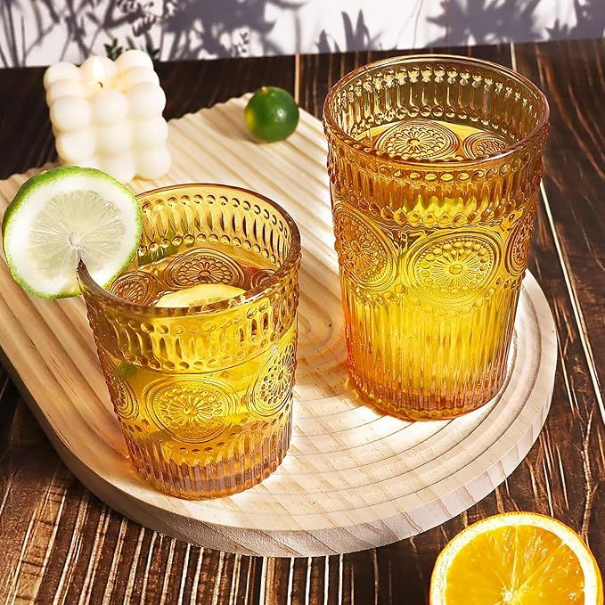 Loivttvv 12pcs Vintage Drinking Glasses Set, 12 oz Highball Glasses & 9 oz Embossed Ribbed Glassware Cups for Thanksgiving Cocktail, Juice, Coffee, Whiskey (Amber)