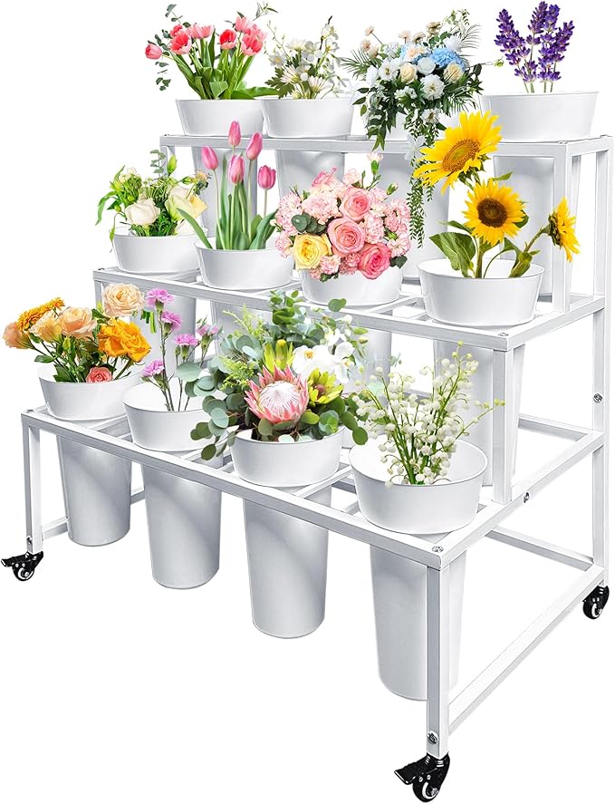 PROLEE Flower Display Stand with 12 Buckets, Flower Cart 3 Layers, Flower Stand Metal with Wheels, Moving Florist Bouquet Shelf, Rectangular Rack (White)