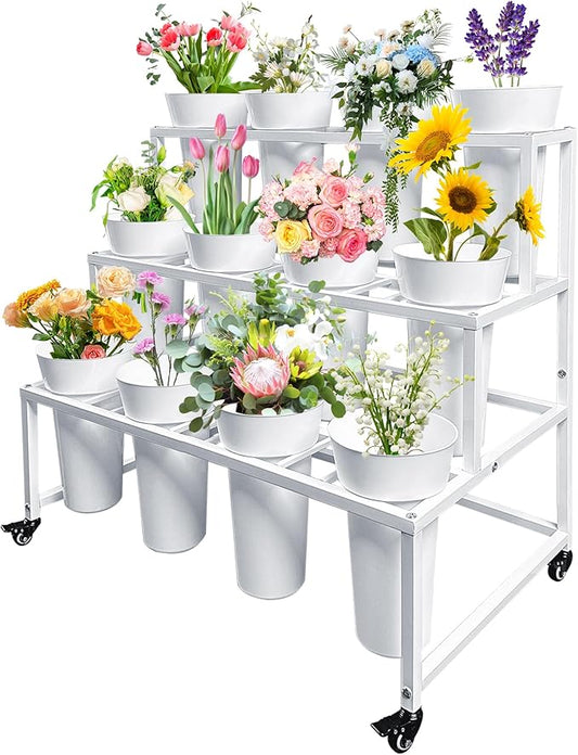 PROLEE Flower Display Stand with 12 Buckets, Flower Cart 3 Layers, Flower Stand Metal with Wheels, Moving Florist Bouquet Shelf, Rectangular Rack (White)