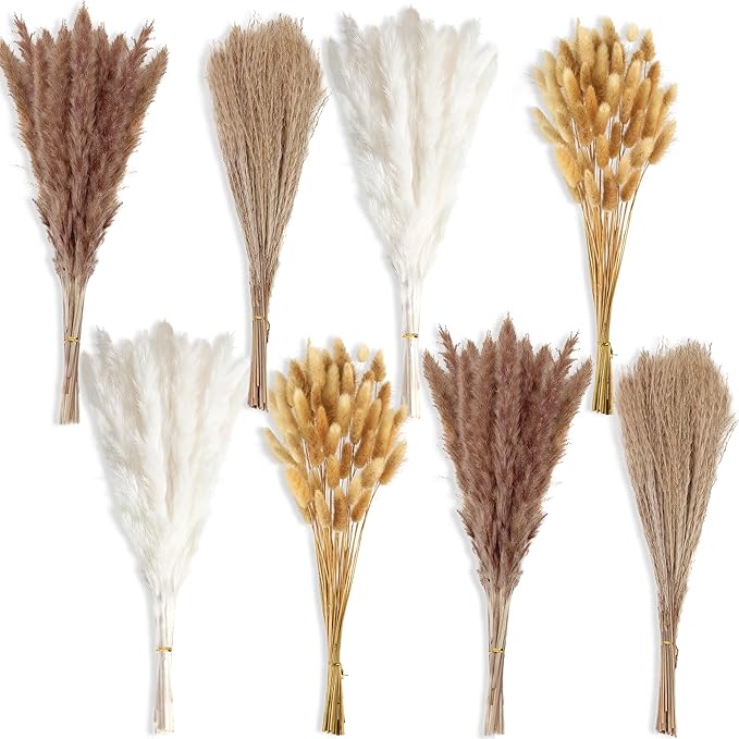 200 PCS Small Boho Pampas Grass, 17" Naturally Dried Pompas, Pampas Grass Decor for Wedding , Boho Party Decorations, Table Decor（Brown and White）
