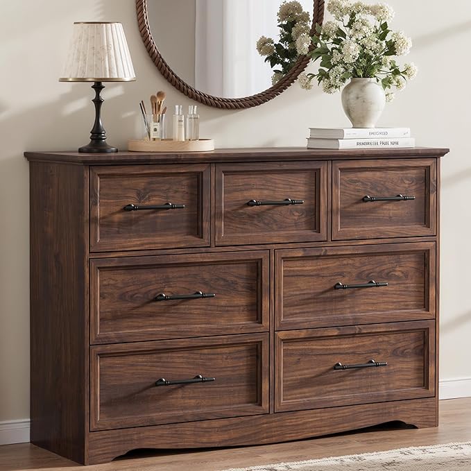 Walnut Dresser for Bedroom, Modern 7 Chest of Drawers, 47" Wide 7 Drawer Dresser with Brushed Metal Handle, Wood Closet Organizers and Storage Cabinet for Bedroom, Living Room, Hallway