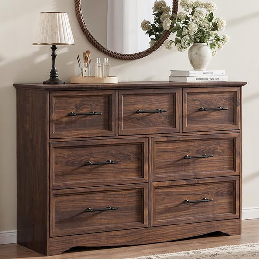 Walnut Dresser for Bedroom, Modern 7 Chest of Drawers, 47" Wide 7 Drawer Dresser with Brushed Metal Handle, Wood Closet Organizers and Storage Cabinet for Bedroom, Living Room, Hallway