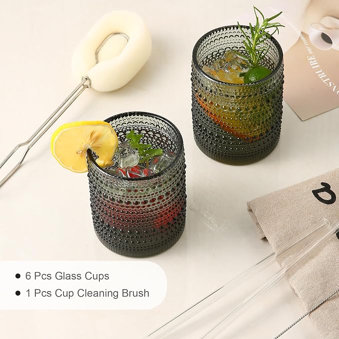 ZMOWIPDL Vintage Glassware Drinking Glasses Set of 6,12 oz Hobnail Glass Cups,Embossed Grey Water Tumbler,for Beer,Cocktail,Whiskey,Juice and Various Mixed Drinks- 1 Cleaning Brush