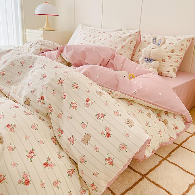 AOJIM Soft Cotton Duvet Cover Queen Size, 1 Comforter Cover 90x90 Inches with Zipper Closure and 2 Pillowcases, Kids Adults Queen Duvet Cover Set for Room Decor (No Comforter), Floral and Rabbit, Pink