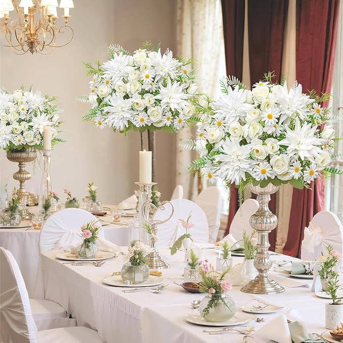 4PCS Artificial Flowers Dahlia Bouquet Fake Flowers White Silk Roses Daisies Faux Floral Arrangements for Dining Table Centerpieces for Kitchen Bridal Bouquet Wedding Party Home Decor