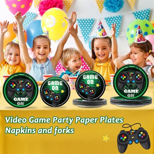 Skiennix 96 Pcs Gaming Party Tableware Set - Green Video Game Plates & Napkins for 24 Guests