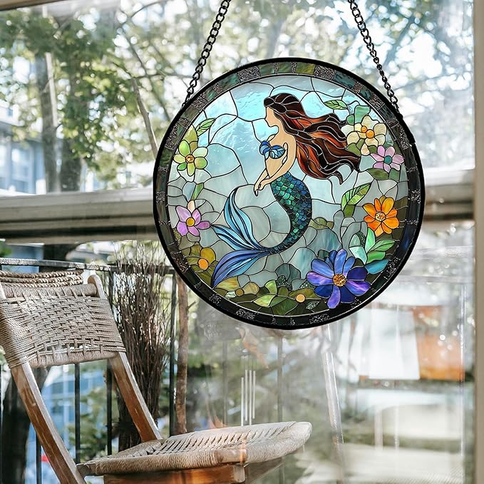 Stained Glass Window Hanging - Light Blue Mermaid Suncatcher for Door Terrace Garden Home Decor, Ocean Flowers Sun Catcher Birthday Gifts for Lovers Women Men Dad Mom Nana 11.8 in