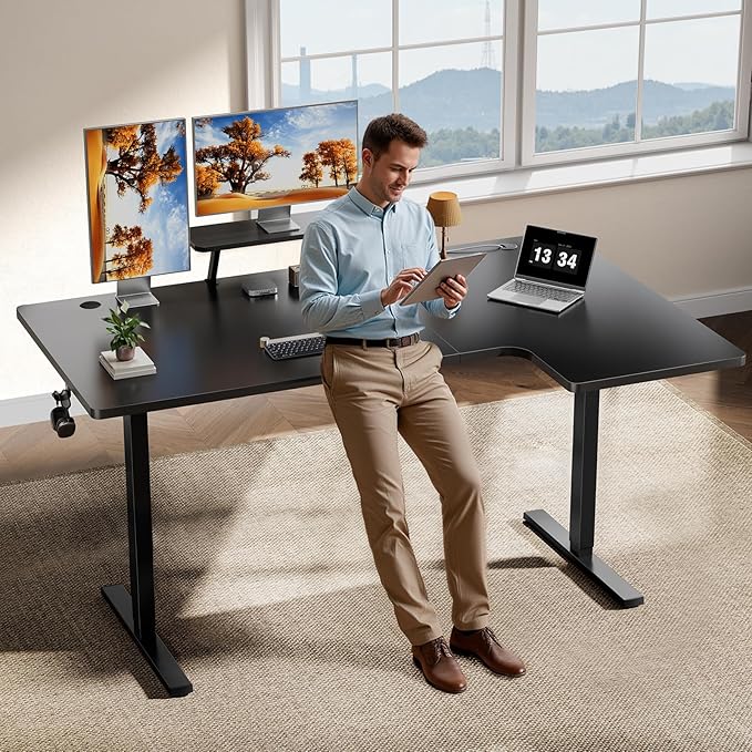 L-Shaped Standing Desk - 63 Inch Adjustable Corner Standing Desk with Flexible Monitor Stand, Electric Sit Stand Computer Table with Memory Controller for Home Office
