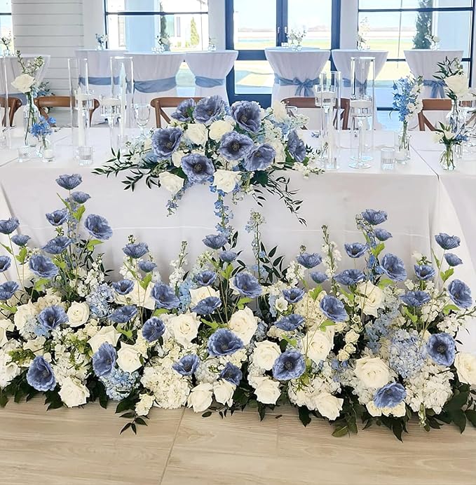 6PCS Poppies Flowers Artificial Silk Flowers 32in Artificial Poppies Dusty Blue Flowers for Wedding Home Party Table Centerpiece Arrangement Decoration (Dusty Blue)