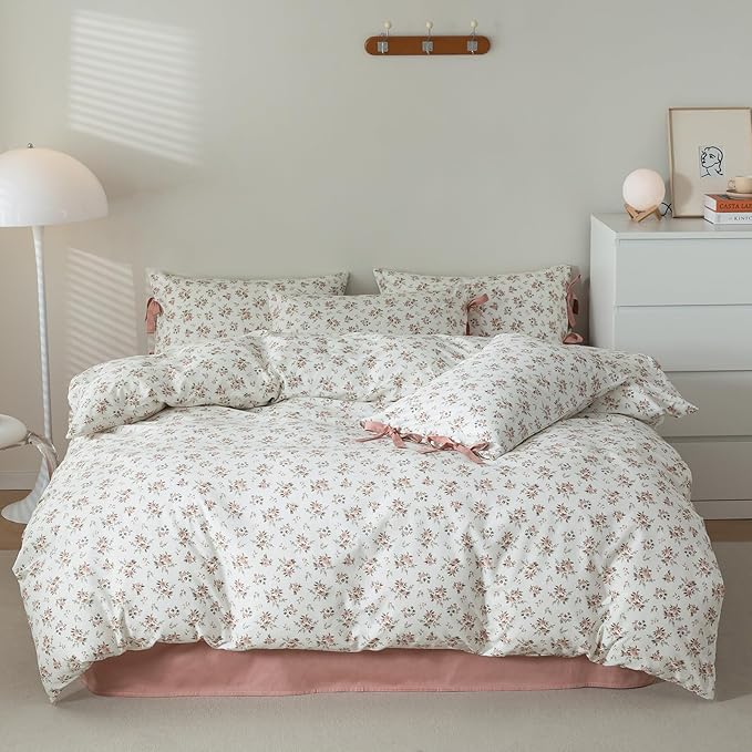 VM VOUGEMARKET Peach Flower Bedding Set King Chic Girls Floral Duvet Cover with Zipper Closure 100% Cotton Blush Pink Comforter Cover Set(3 pcs,104x90)