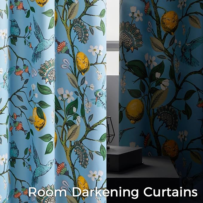 Vintage Floral Curtains 90 Inches Long for Living Room Bedroom Luxury Whimsical Lemon Hummingbird Patterned Waverly Mid Century Colorful Pinch Pleated Blackout Drapes 2 Panels，Light Blue