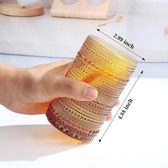 Hobnail-Drinking Glasses 13oz Vintage Glassware Sets Cocktail Juice Glasses Set of 6, Amber