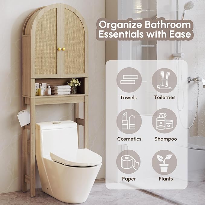 HMstone Over The Toilet Storage Cabinet, Arched Bathroom Organizer and Storage with Rattan Doors and Adjustable Shelf, Space-Saving Freestanding Bathroom Modern Storage Cabinet Over Toilet (Natural)