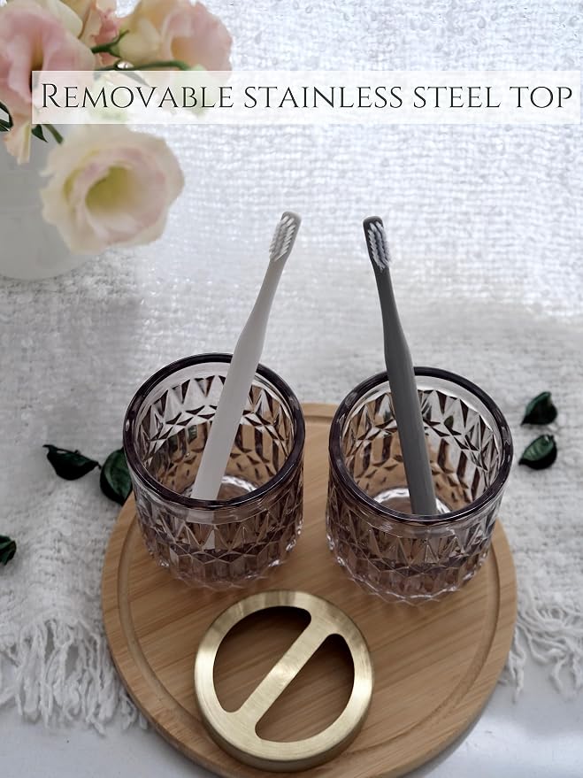 LaMarriti Gray Bathroom Accessories Set, 5Pcs Glass Bathroom Set, Soap Dispenser and Toothbrush Holder Set, Soap Dish, Q-Tips Holder Set, Black and Gold Accent for Vintage Bathroom Decor