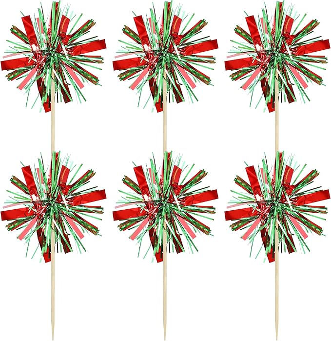 Gyufise 20Pcs Foil Firework Cupcake Toppers Happy Birthday Cake Toppers Tinsel Flower Drink Stirrers Cocktail Food Fruit Toothpicks for Valentine's Day Party Birthday Wedding Supplies Green Red