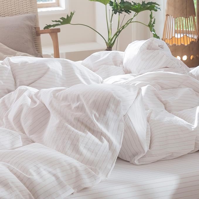 MooMee Striped Duvet Cover Set 100% Washed Cotton Linen Like Textured Breathable Durable Soft Comfy (White Heathered Greyish Pink Wide Stripes, Twin 68"x90")