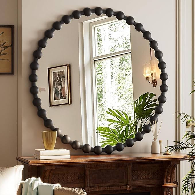 Easly Round Mirror for Wall, 36 Inch Black Beaded Frame Decorative Vanity Mirror, Circle Bathroom Mirror with High-Definition Lense, Modern Wall Decor for Bathroom, Living Room, Bedroom, Entryway