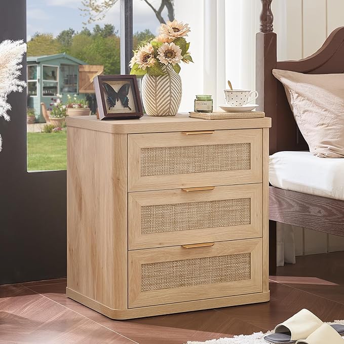 LEYAOYAO Rattan Night Stand Set of 2 with Charger Station, 23" Large 3 Drawer Boho Nightstand, Natural Wood Bedside Table Storage Cabinet, Bed Side End Tables for Bedroom, Living Room, Hallway