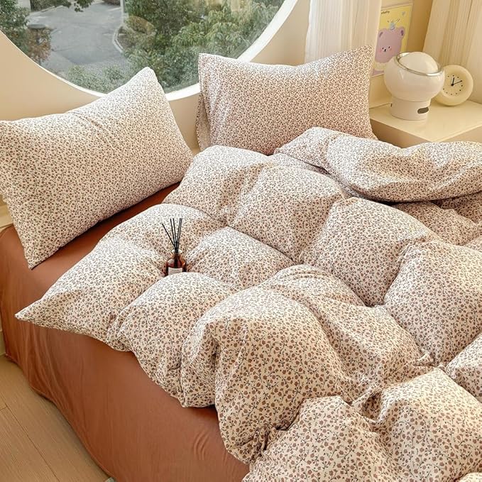 EAVD Chic Garden Small Floral Duvet Cover King Soft 100% Muslin Cotton Feel Gauze Vintage Floral Bedding Set with 2 Pillowcases Cottagecore Botanical Print Duvet Cover with Zipper Closure