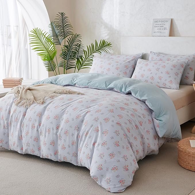 King Size Floral Comforter 3 Pieces Soft Chic Crinkle Gauze Fabric Garden Style Flower Print Botanical Comforter for All Seasons Luxury Warmth Comfy Breathable with 2 Pillowcases