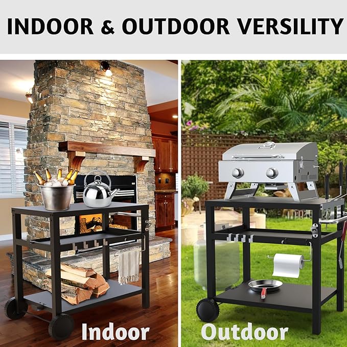 BBQCuker 29.5''x19.6'' Outdoor Grill Cart, Pizza Oven Table Stand, 3-Shelves Food Prep Table for Ninja Woodfire, Ooni Pizza Oven, 17'' & 22'' Blackstone Griddle, Grill Stand for Picnic, Camping