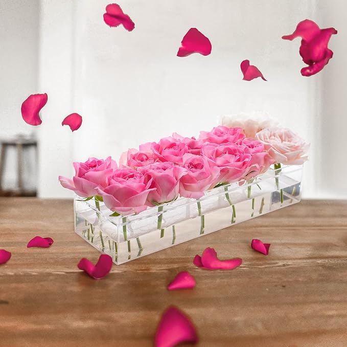 4Pcs Acrylic Flower Vase with 12Holes Clear Acrylic Modern Vases Rectangular Floral Centerpiece for Dining Table Low Decoration Vase for Christmas Party Decorations (Clear（4pcs Total 48‘’ 120cm）)