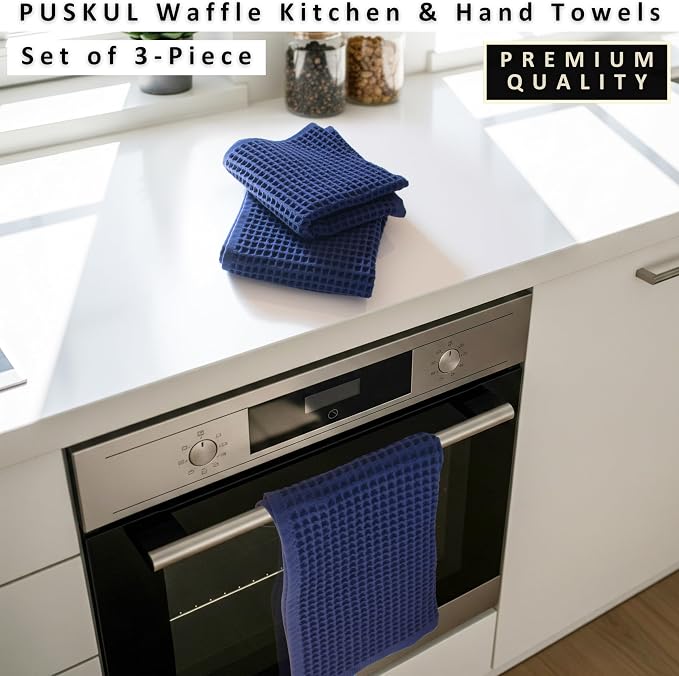 PÜSKÜL Natural 100% Turkish Cotton Waffle Kitchen Towels Set of 3 | Oeko-Tex, Premium Waffle Hand Towels for Bathroom | Soft Absorbent Quick-Dry Lint-Free Dish Towel Large 32x16 inch (3, Navy Blue)