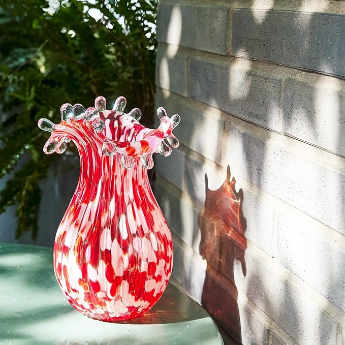 QFkris Hand Blown Glass Vase for Flowers, 8 Inch Red Crystal Bubble Flower Vases for Bouquet Home Decor Decorative Centerpieces, Unique for Mom, Valentine's Day Gift for Her Lover