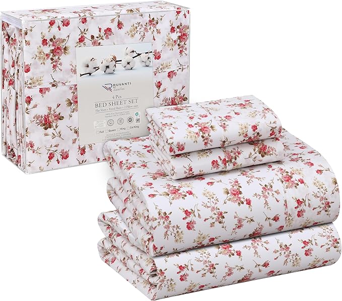 RUVANTI 100% Cotton King Size Sheets Set, 4 Pieces, Soft & Breathable Percale Weave Bedding, Deep Pocket 16", Hotel Standard, Crisp Cool Feel, Durable, Perfect Floral Bed Sheet, Bouquet
