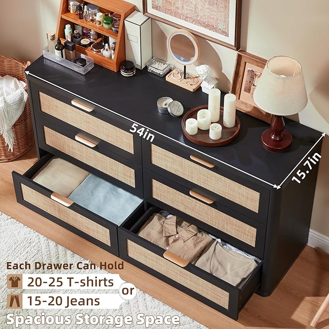 LEYAOYAO Rattan 6 Drawer Dresser for Bedroom Set of 2, Boho 54" Wide Black Dresser Chest of Drawers, Dressers TV Stand with Metal Handle, Storage Dressers Closet Organizer for Living Room, Hallway