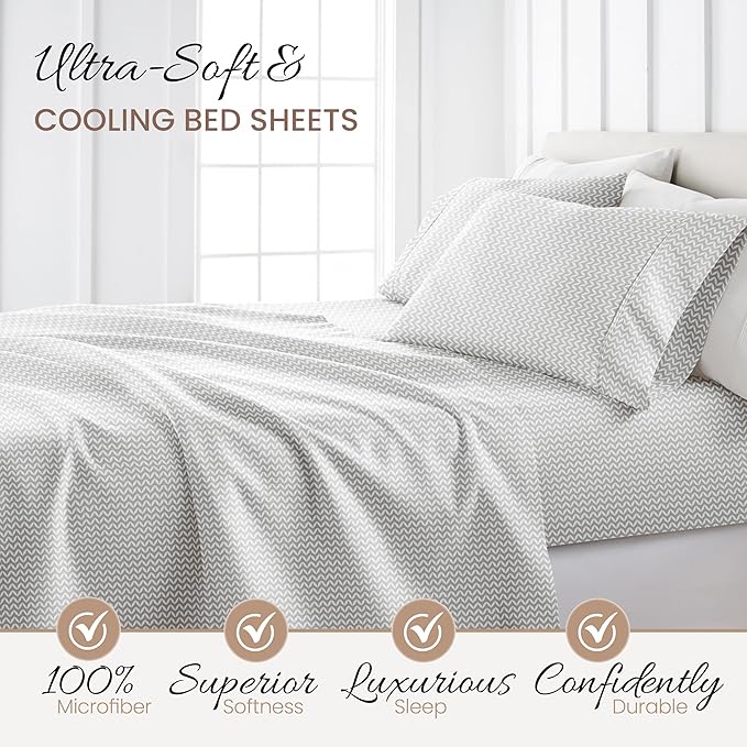 Linen Market Double-Brushed Patterned Microfiber California King Sheet Set 4 Piece – Oeko-TEX Certified Ultra Soft & Wrinkle-Free - 16" Deep Pocket Sheets Easy Care Cal-King Size - Chevron Light Gray