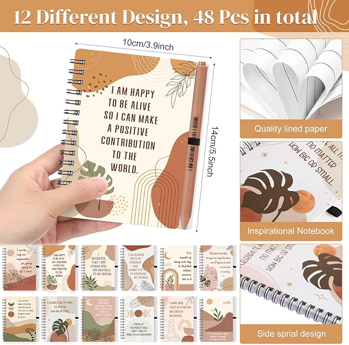 Kosiz 96 Pcs/48 Set Positive Affirmation Gifts Gratitude Spiral Notebooks with Pens Motivational Encouragement Notepads Daily Affirmations Journal for Women Valentine Galentine Gifts (Rainbow)